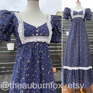 70&#39;s Navy Blue Floral & Polka Dot Maxi Dress Sz XS/S