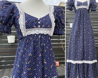 70's Navy Blue Floral & Polka Dot Maxi Dress Sz XS/S