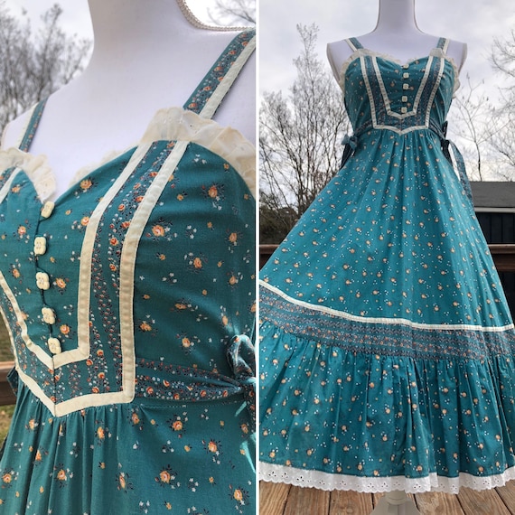 70's Gunne Sax Turquoise Floral Midi Sundress Sz S