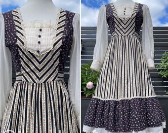 70's Candi Jones Bavarian Stripe & Midnight Floral Dress with Blackberry Buttons Sz XS
