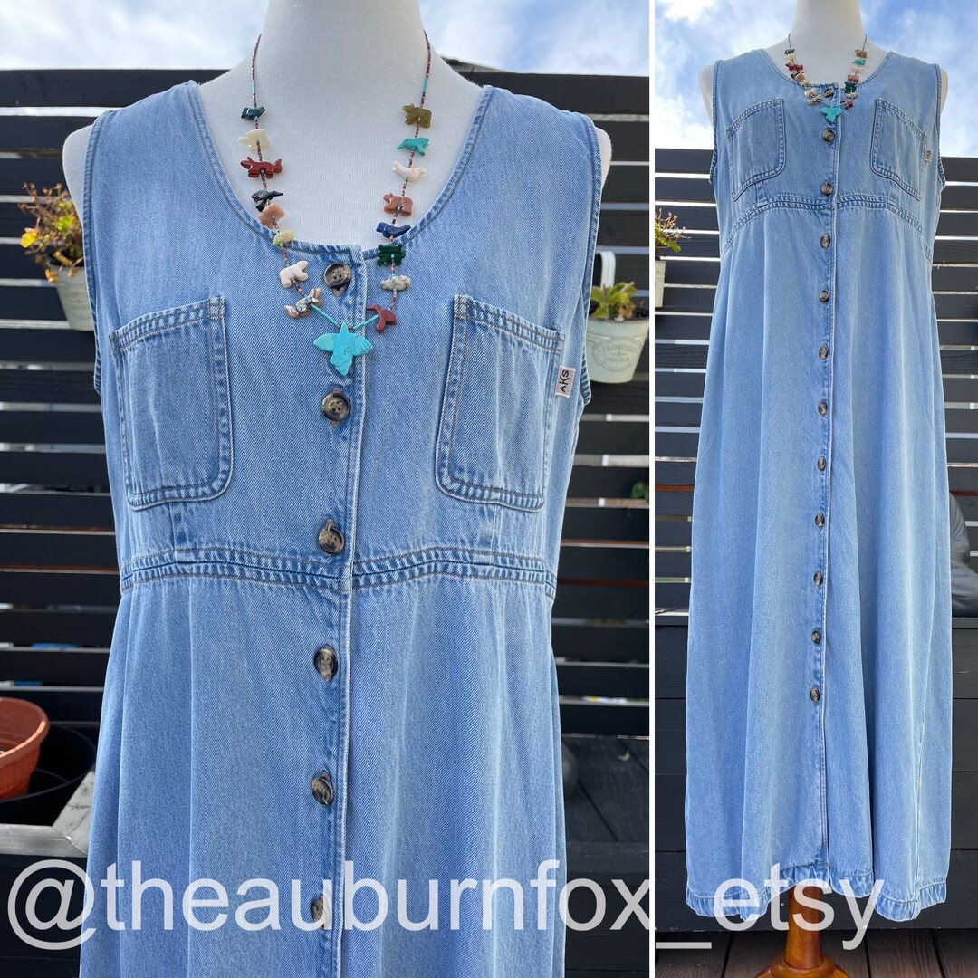 Vintage Denim Button Down Midi Dress Sz L/XL Etsy