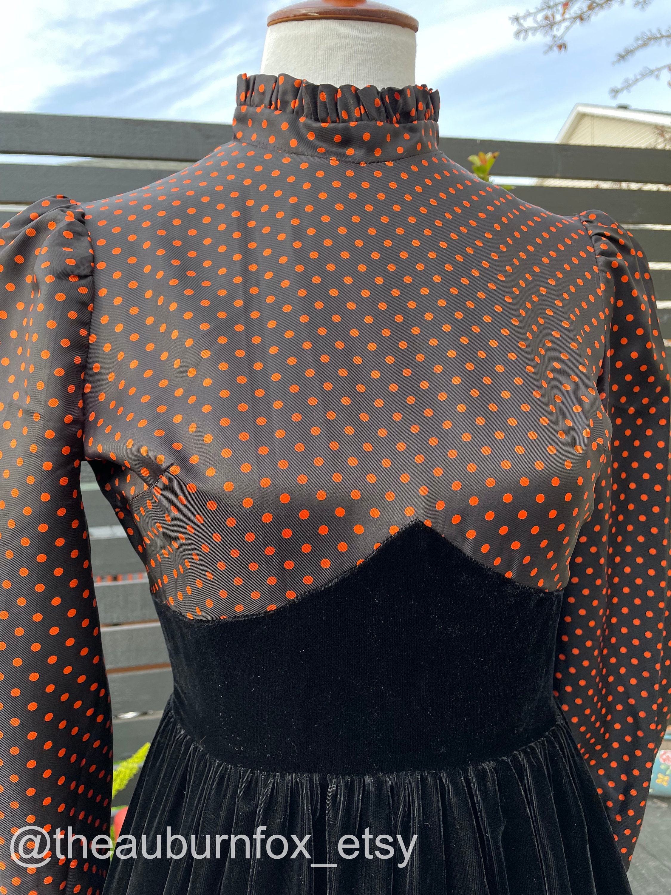 70's Witchy Victorian Velvet & Polka Dot Maxi By Vicky Petite Sz Xs