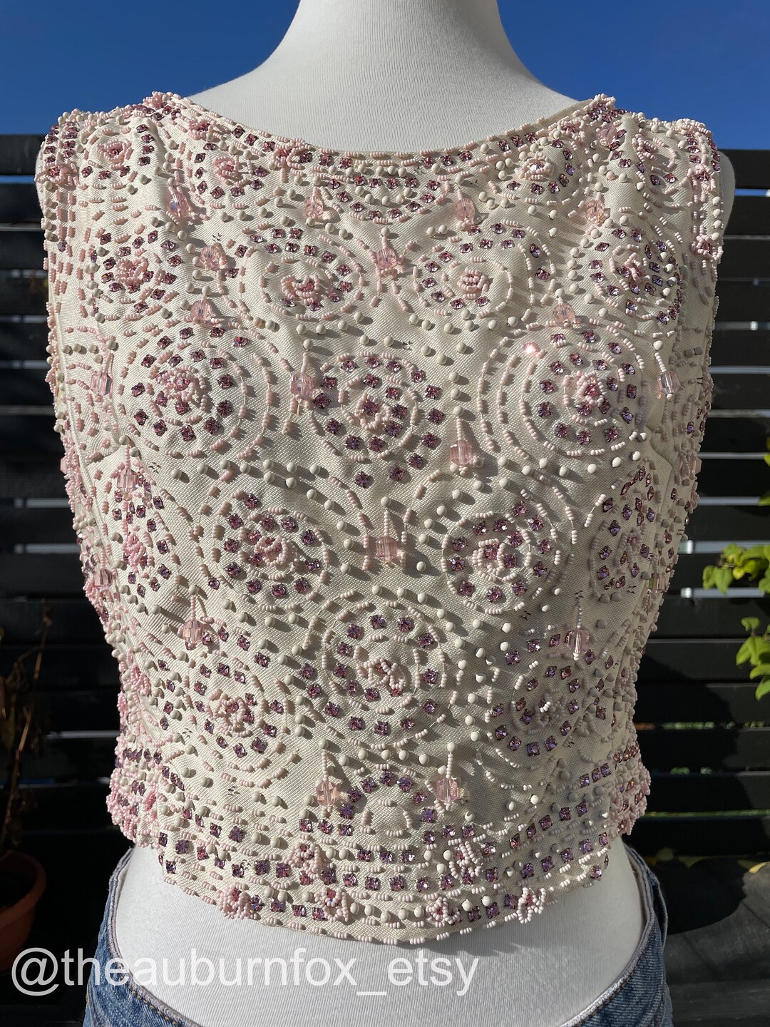 Vintage 1960s Pink and White Beaded Top / S