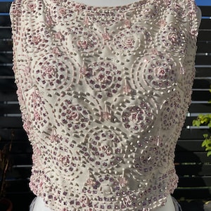 60&#39;s/70&#39;s Off White Pink Rhinestone Beaded Top Sz S/M