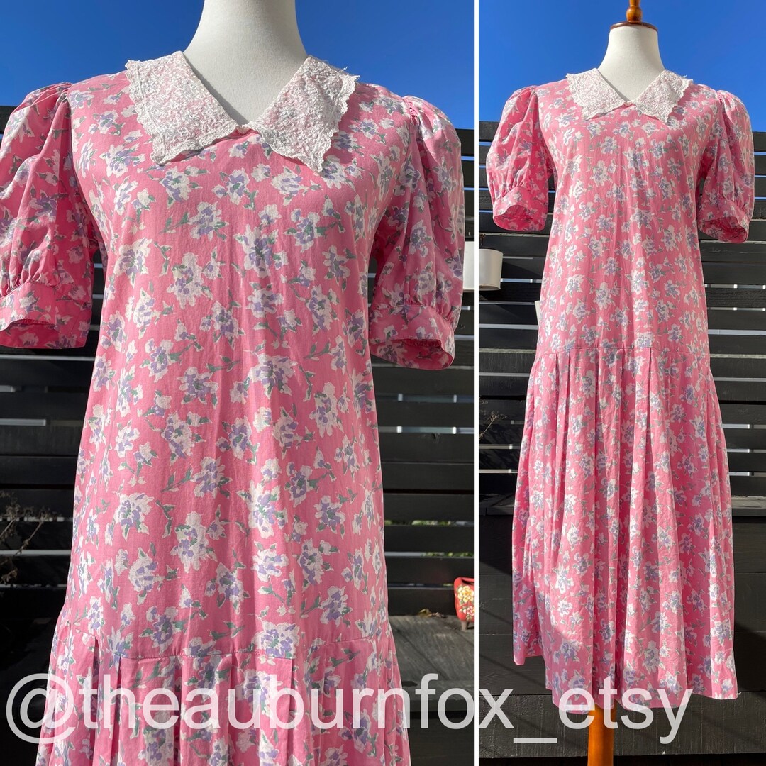 80s 'Laura Ashley' White Blue Polka-Dot Romantic Fitted Aline Midi Dress UK 10