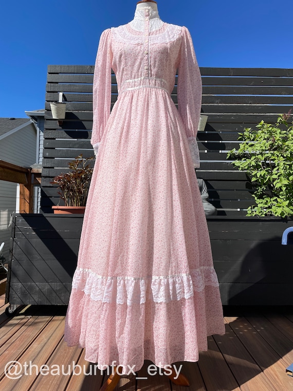 70's Gunne Sax Pink Floral & Lace Maxi Dress Sz 11 - image 4