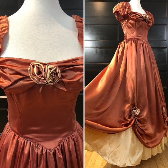 80's Gunne Sax Copper Satin Gown with Rosettes Sz
