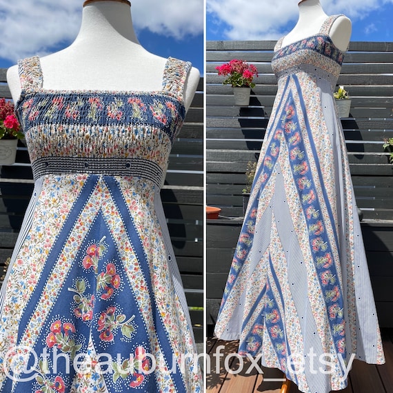 70's Jody T Stone Blue Floral Smocked Maxi Sundre… - image 1