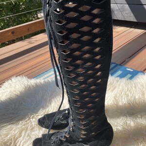 suede lace up knee high boots