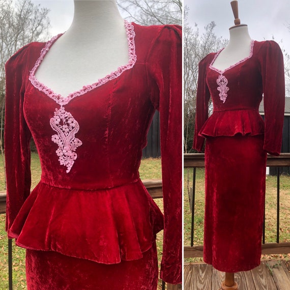 80's Gunne Sax Cranberry Velvet Peplum Midi Dress