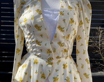 70's Handmade Yellow Floral Peplum Jacket Sz S