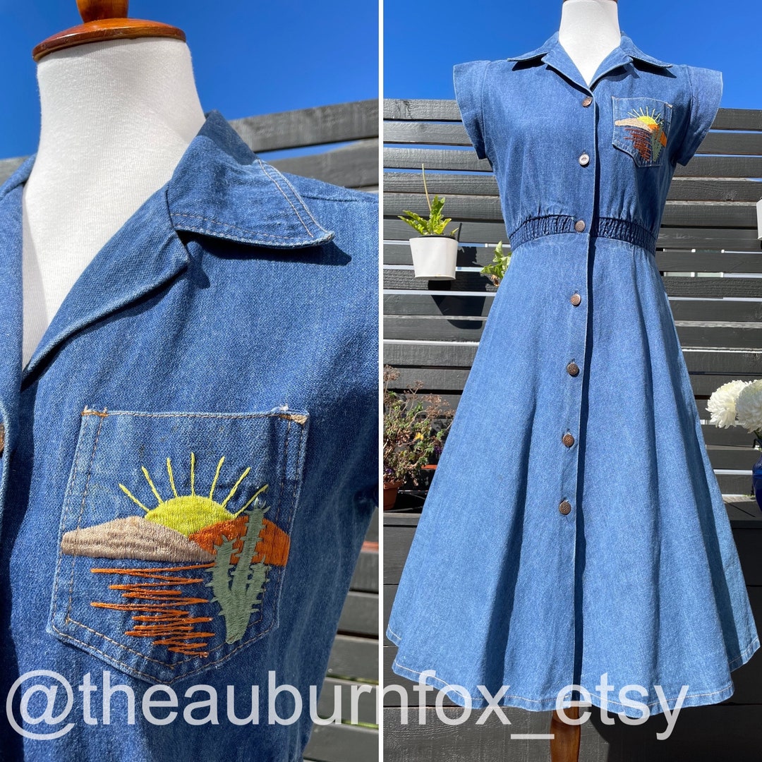 70's Denim Desert Embroidered Sunset Dress Sz S/M - Etsy
