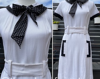 70's Jonathan Logan White Collared Jurk met Zwarte Trim Sz M / L