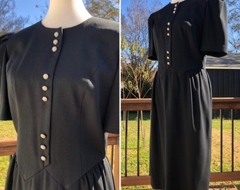 Classy 80's Black Dress with Iridescent Crystal Buttons Sz 10