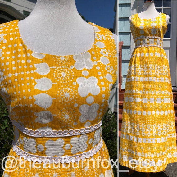 60's Sunshine Yellow Floral Maxi by Alex Colman Sz