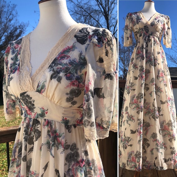 70's Jody T Cream Maxi with Watercolor Floral Prin