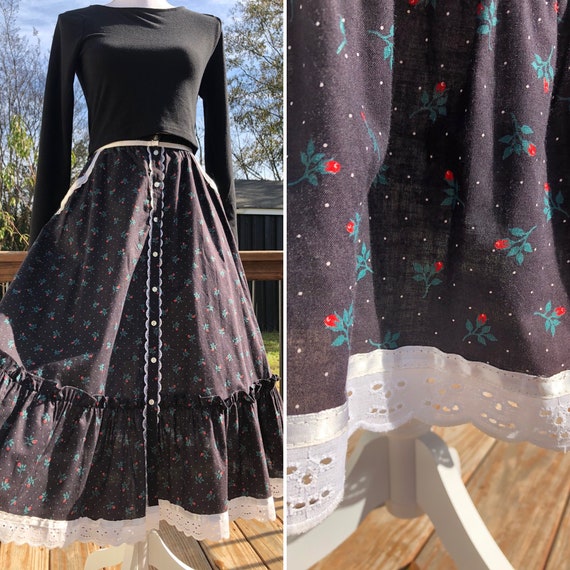 70's Black Button Down Prairie Midi Skirt with Ros
