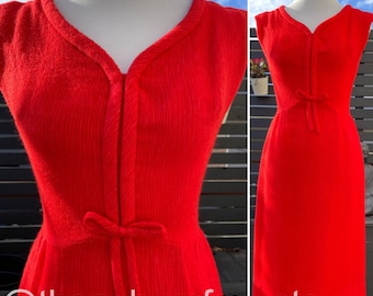 60's Jeannette Alexander Lipstick Red Wool Dress Sz XS