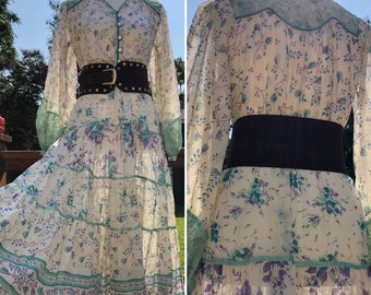 Vintage vestido de algodón indio en lavanda & espuma de mar Floral w/ Encaje Trim Sz LG