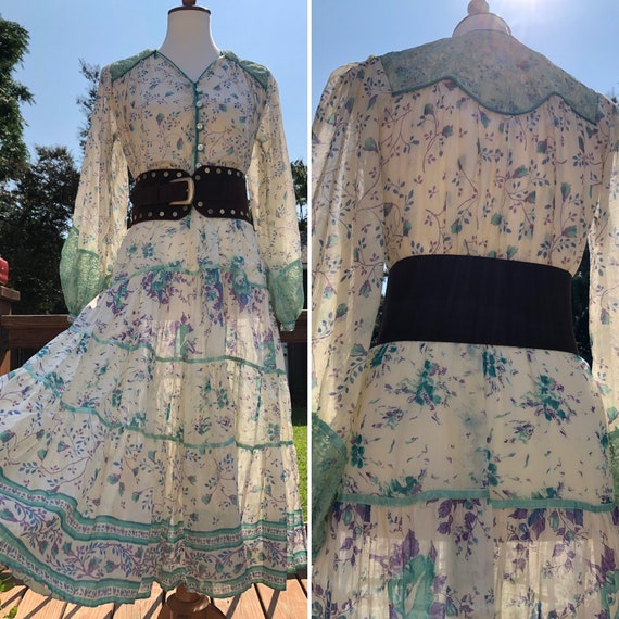 Vintage Indian Cotton Dress in Lavender & Seafoam… - image 1