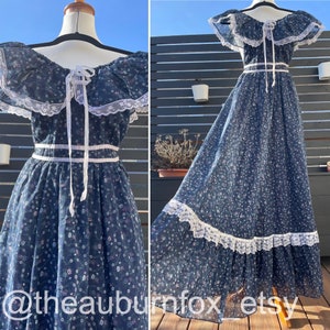70&#39;s Gunne Sax Midnight Blue Floral Off Shoulder Maxi Dress Sz XS