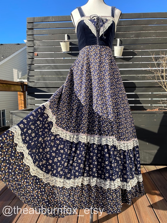 70's Gunne Sax Navy Floral Maxi Dress With Velvet Bodice & Straps