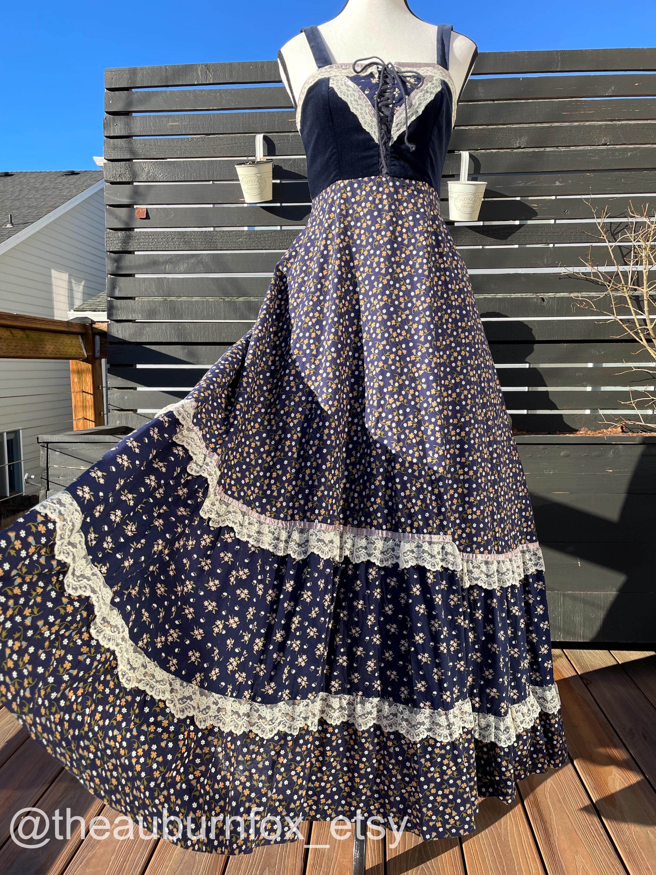 70's Gunne Sax Navy Floral Maxi Dress With Velvet Bodice & Straps