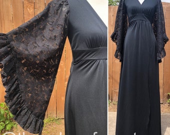 70's Rags de Kressandra Black Maxi [Mangas de encaje Sz S)