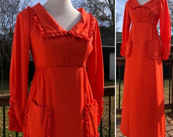 60's Emma Domb Tangerine Orange Maxi Dress with Ruffle Trim Sz S