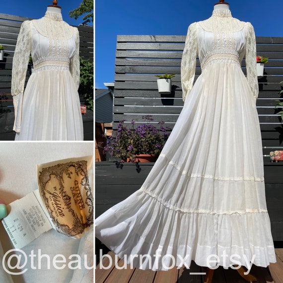 70's Gunne Sax Cream Maxi Dress with Lace Detail Sz 11 - Gem