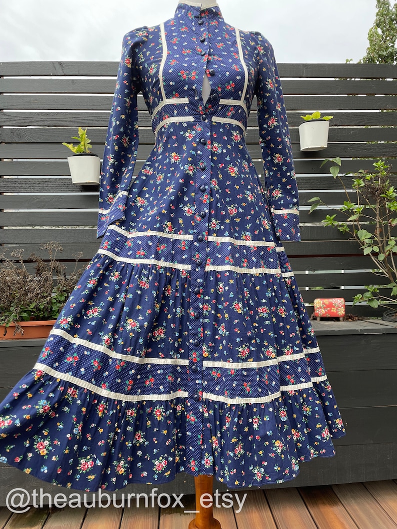 70's Gunne Sax Navy Blue Floral Button Down Midi Dress Sz XS (altered ...