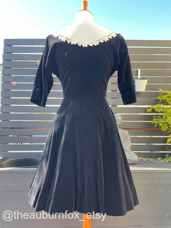 40's Lanz Black Velvet Button Down Dress Sz XS/S … - image 6