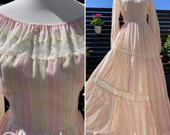70's Pastel Pinstripe & Lace Maxi Dress by This Is Yours Sz XS (FLAWS)