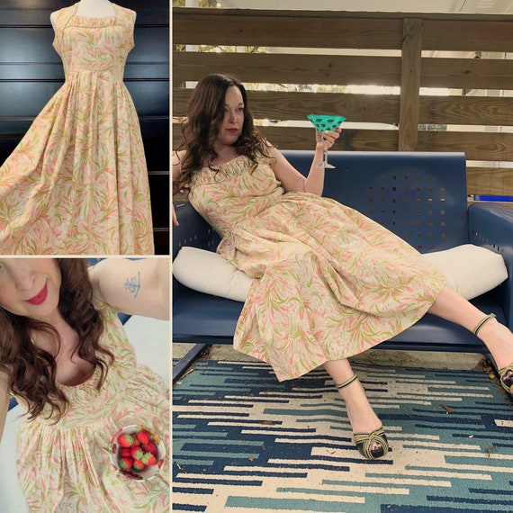 50's Kay Junior Pink & Sage Tropical Dress