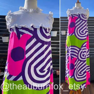 60er/70er Jahre Helles Abstraktes Print Kleid by Nalii Honolulu Sz XS