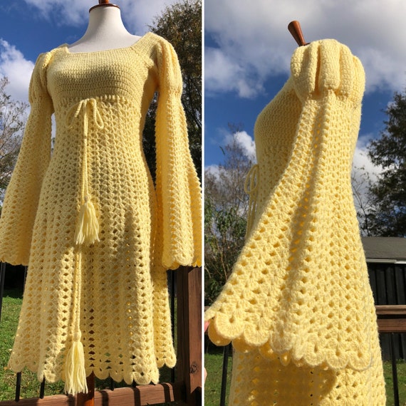 Vintage Buttery Yellow Hand Crochet Dress with Bel