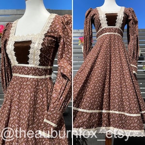 Vestido midi Gunne Sax marrón floral y terciopelo de los años 70 Sz XS