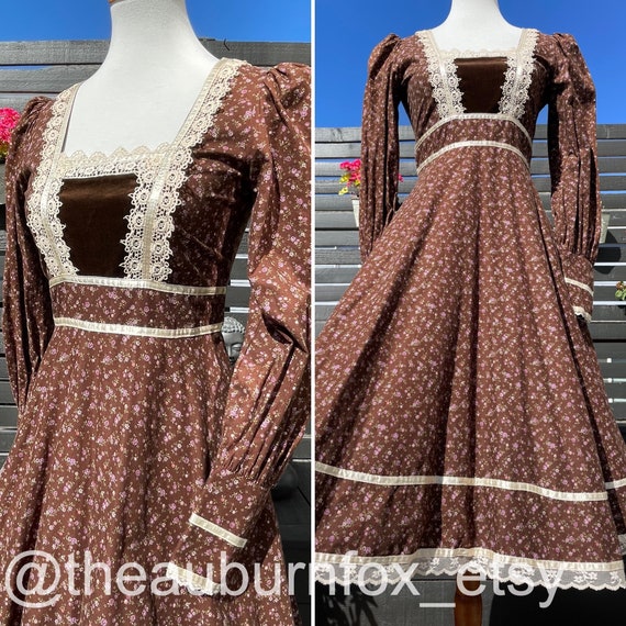 70's Gunne Sax Brown Floral & Velvet Midi Dress Sz XS - Etsy