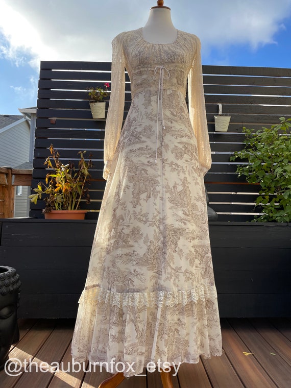 70's Gunne Sax Cream Maxi with Brown Toile Print … - image 3