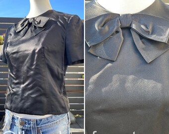 60's Black Satin Bow Top Sz S