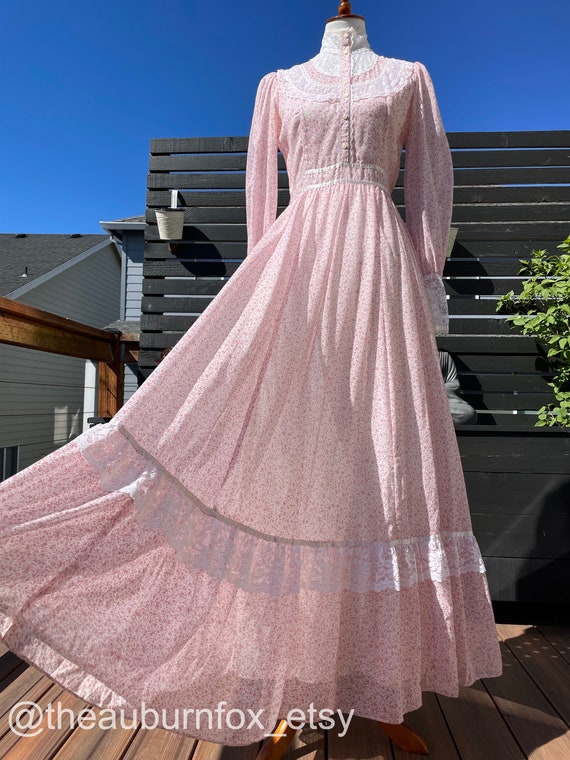 70's Gunne Sax Pink Floral & Lace Maxi Dress Sz 11 - image 5