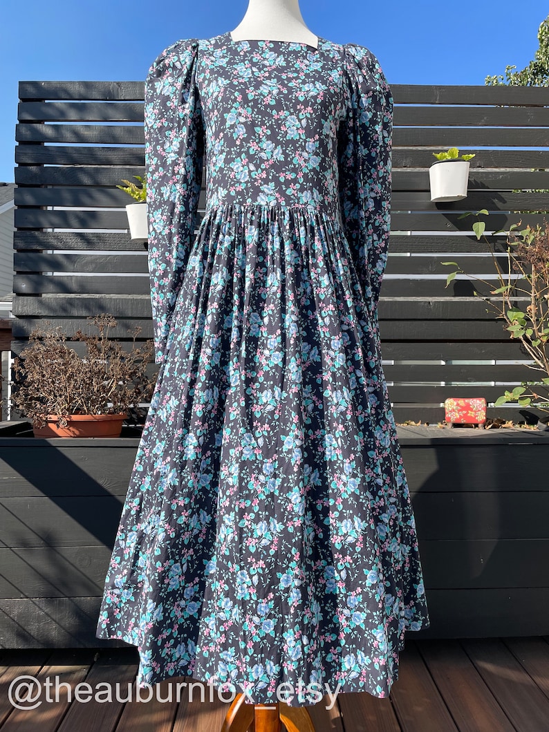 80's Laura Ashley Midnight Floral Midi Dress Sz M image 3