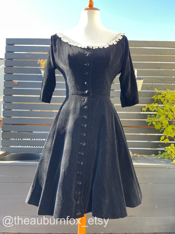 40's Lanz Black Velvet Button Down Dress Sz XS/S … - image 4