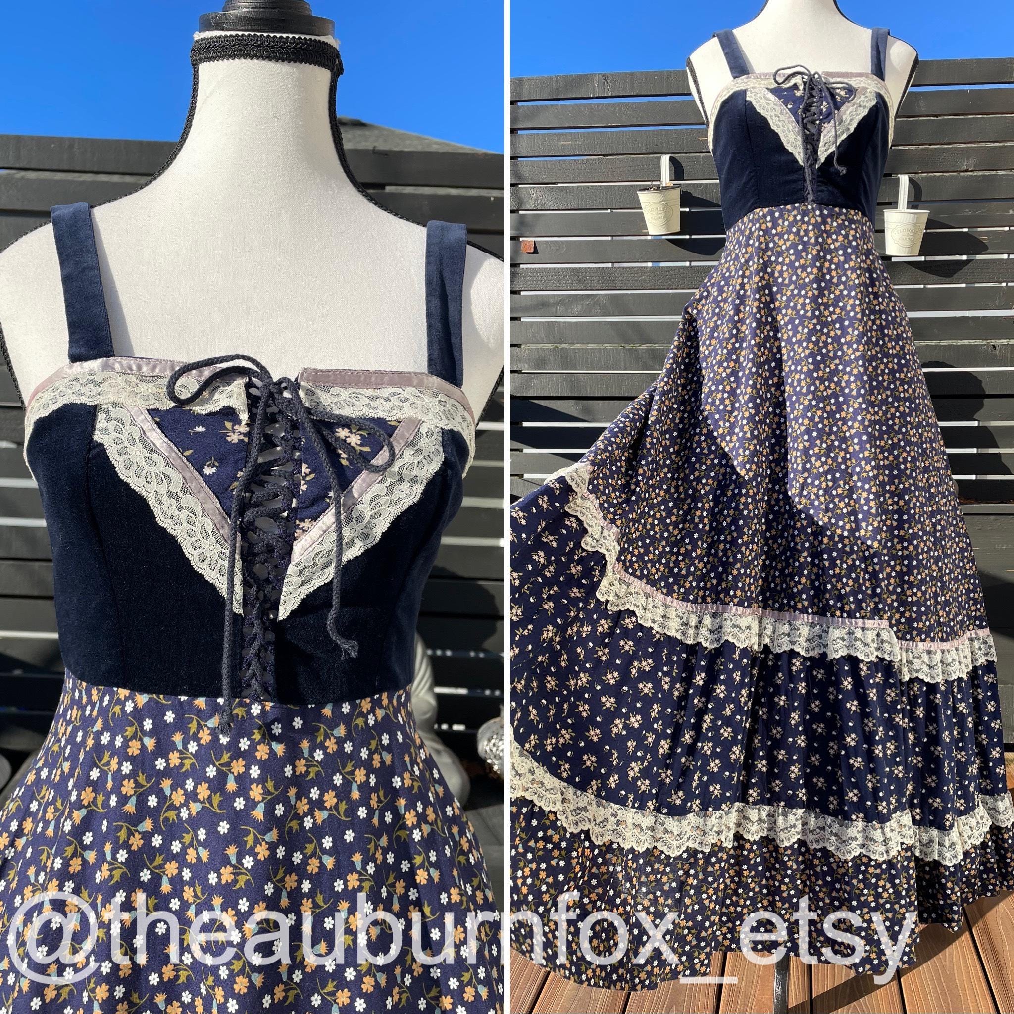 70's Gunne Sax Navy Floral Maxi Dress With Velvet Bodice & Straps