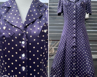 90's Betsey Johnson Navy Satin Polka Dot Button Down Dress Sz M