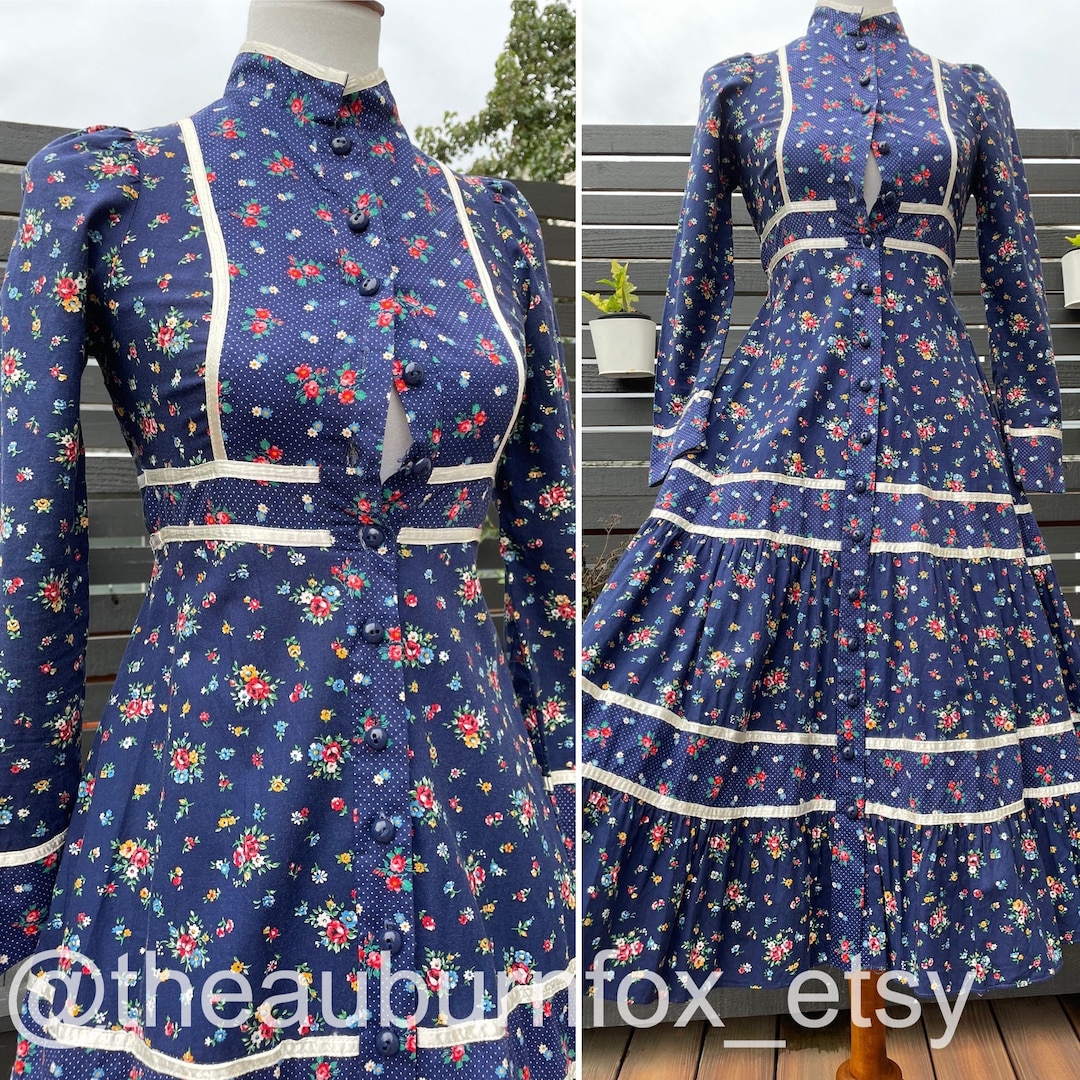 70's Gunne Sax Navy Blue Floral Button Down Midi Dress Sz XS (altered ...