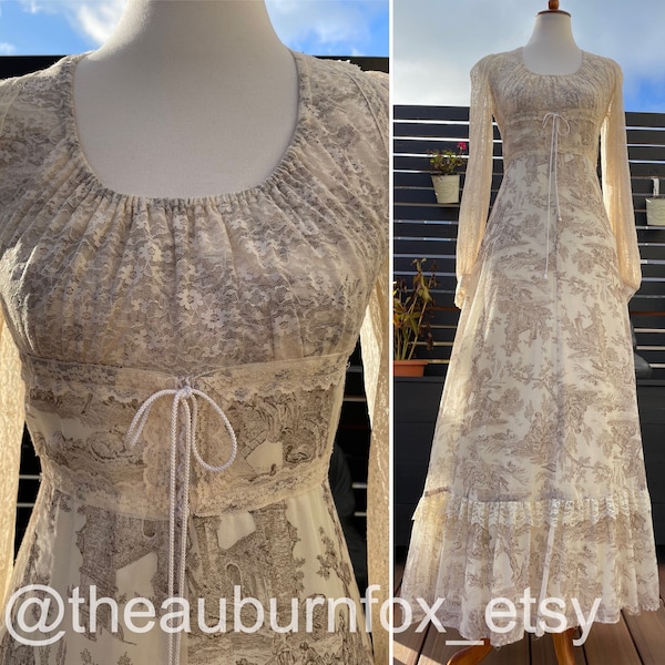 70's Gunne Sax Cream Maxi with Brown Toile Print & Lace Sleeves Sz 11