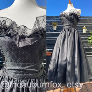 80's Gothic Gunne Sax Black Swiss Dot Strapless Tea Length Formal Dress Sz S