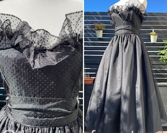 80's Gothic Gunne Sax Black Swiss Dot Strapless Tea Length