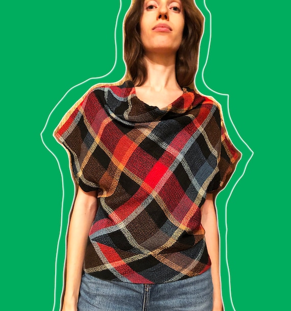 Checkered blouse 1990's/Checkered top/Cowl blouse/